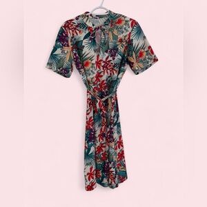 Vintage Tropical Floral Tie-Waist Midi Dress